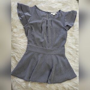 Monteau Navy and White Striped Top Ruffle Detail Sz M